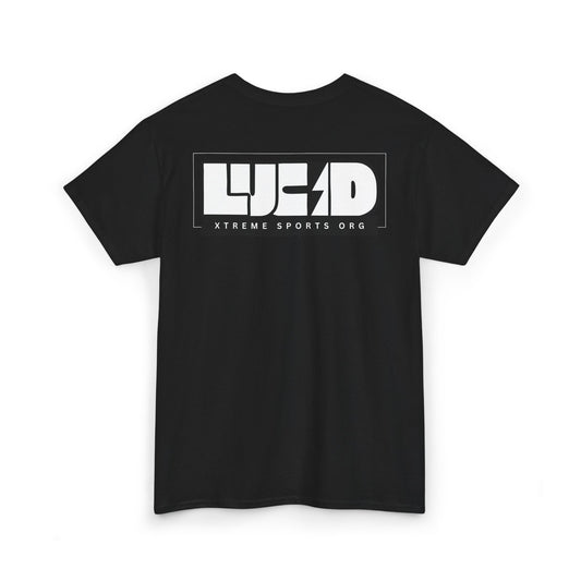 Black Lucid Reality tee, block LUCID logo back graphic, flat