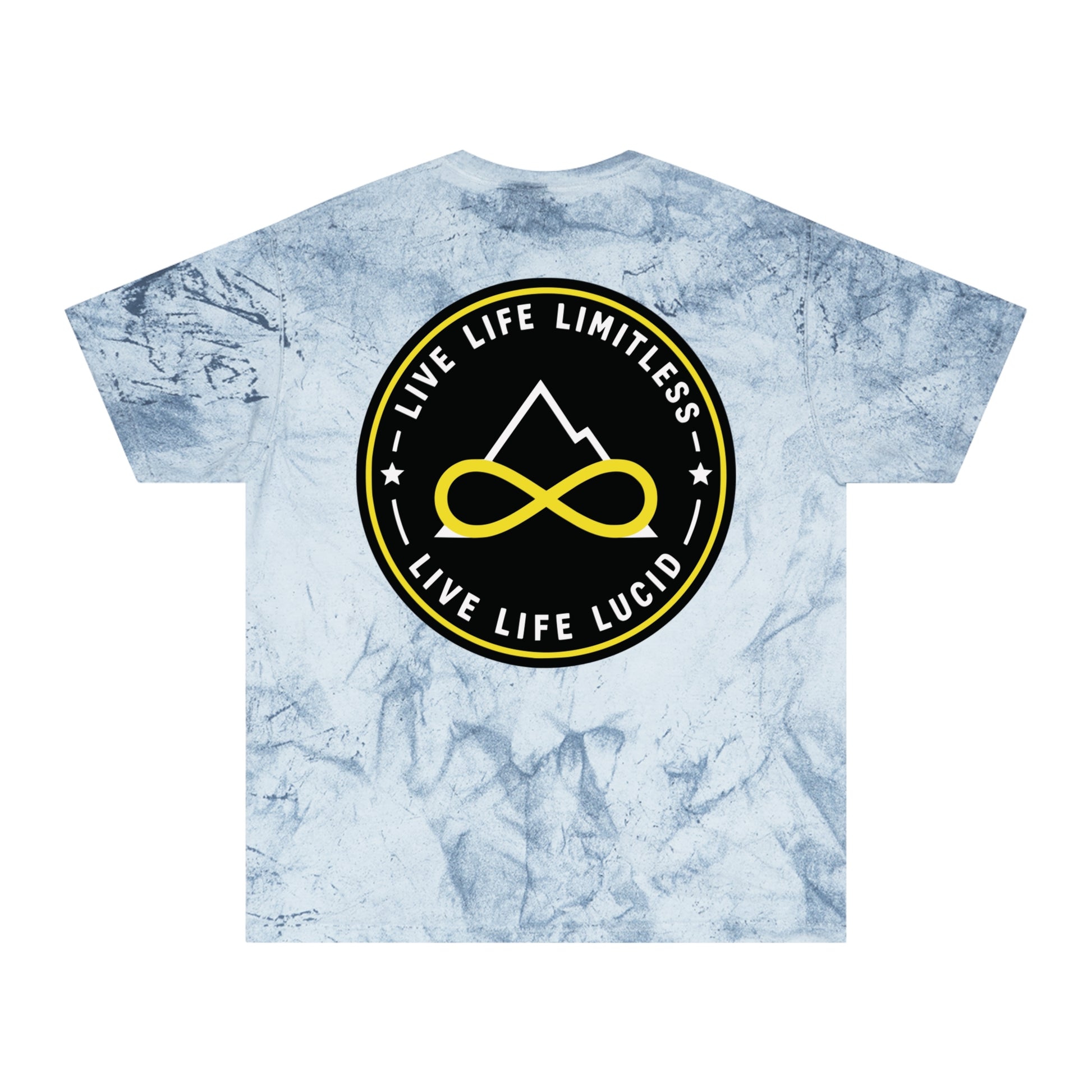 Clay Color Blast tee, marbled rust, back Live Life Limitless badge graphic, flat