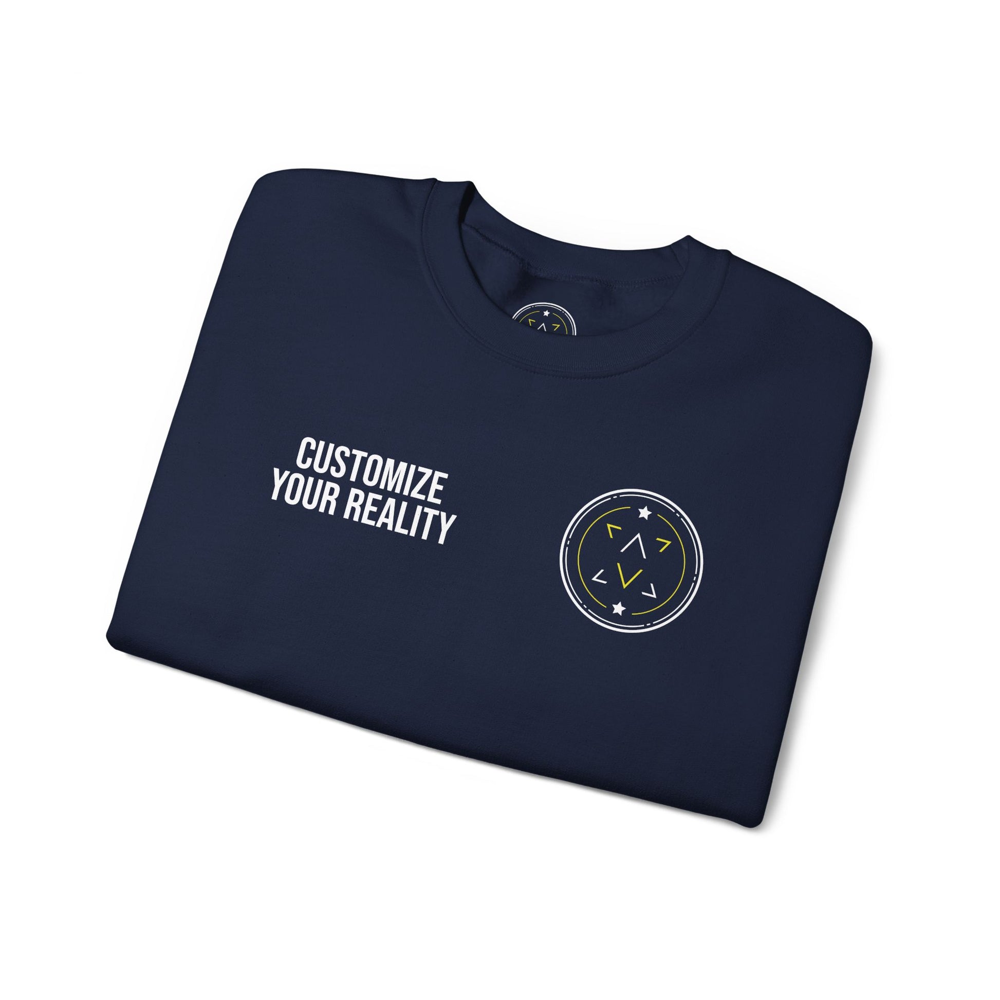 Navy custom Lucid Reality crewneck, folded, front emblem detail