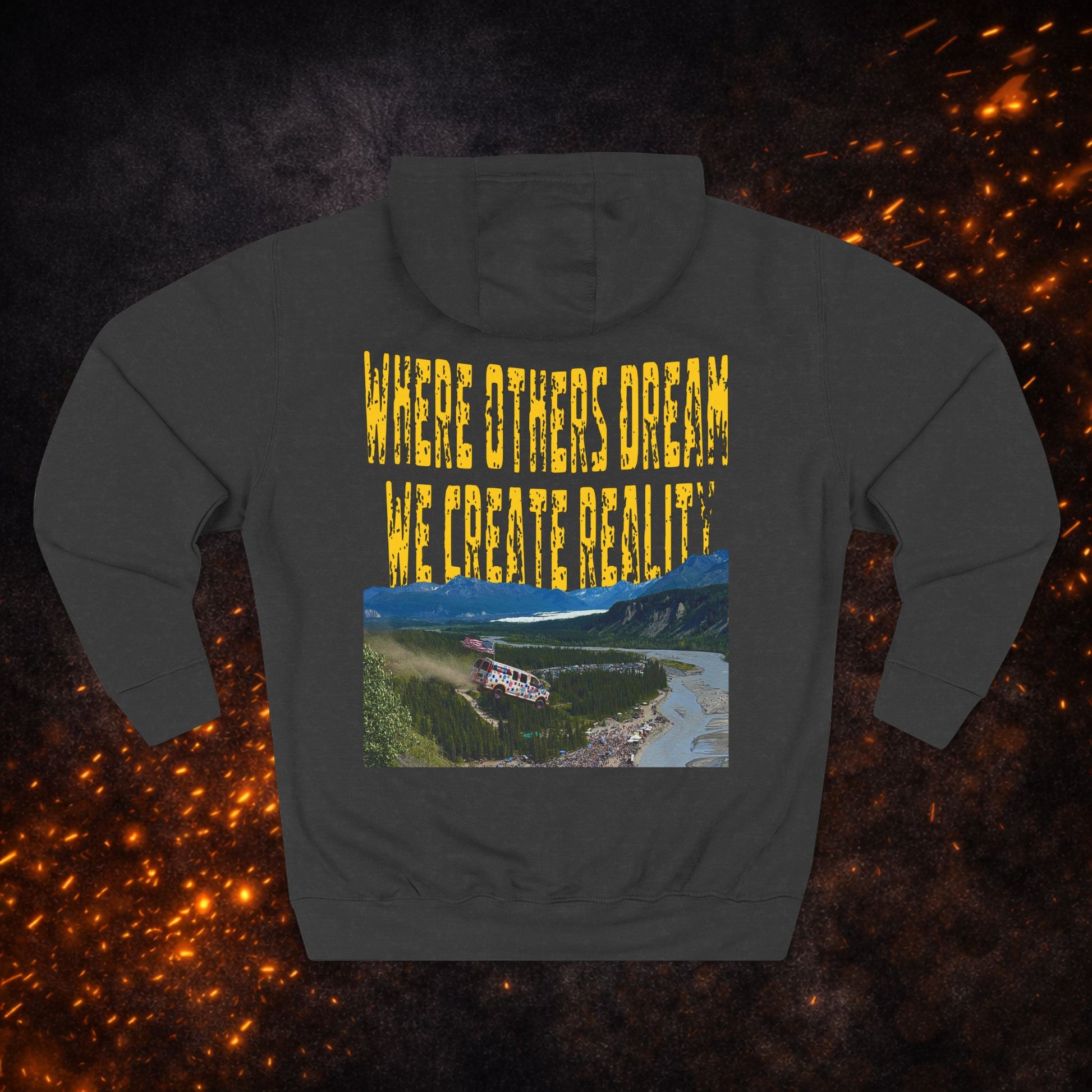 Back view of the black "Where Others Dream We Create Reality" Fleece Pullover Hoodie.