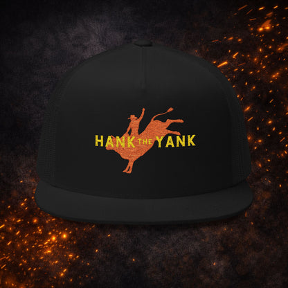 Front view of the Lucid Reality x Hank The Yank Longhorn Trucker Cap in black colorway with the red bull rider design.