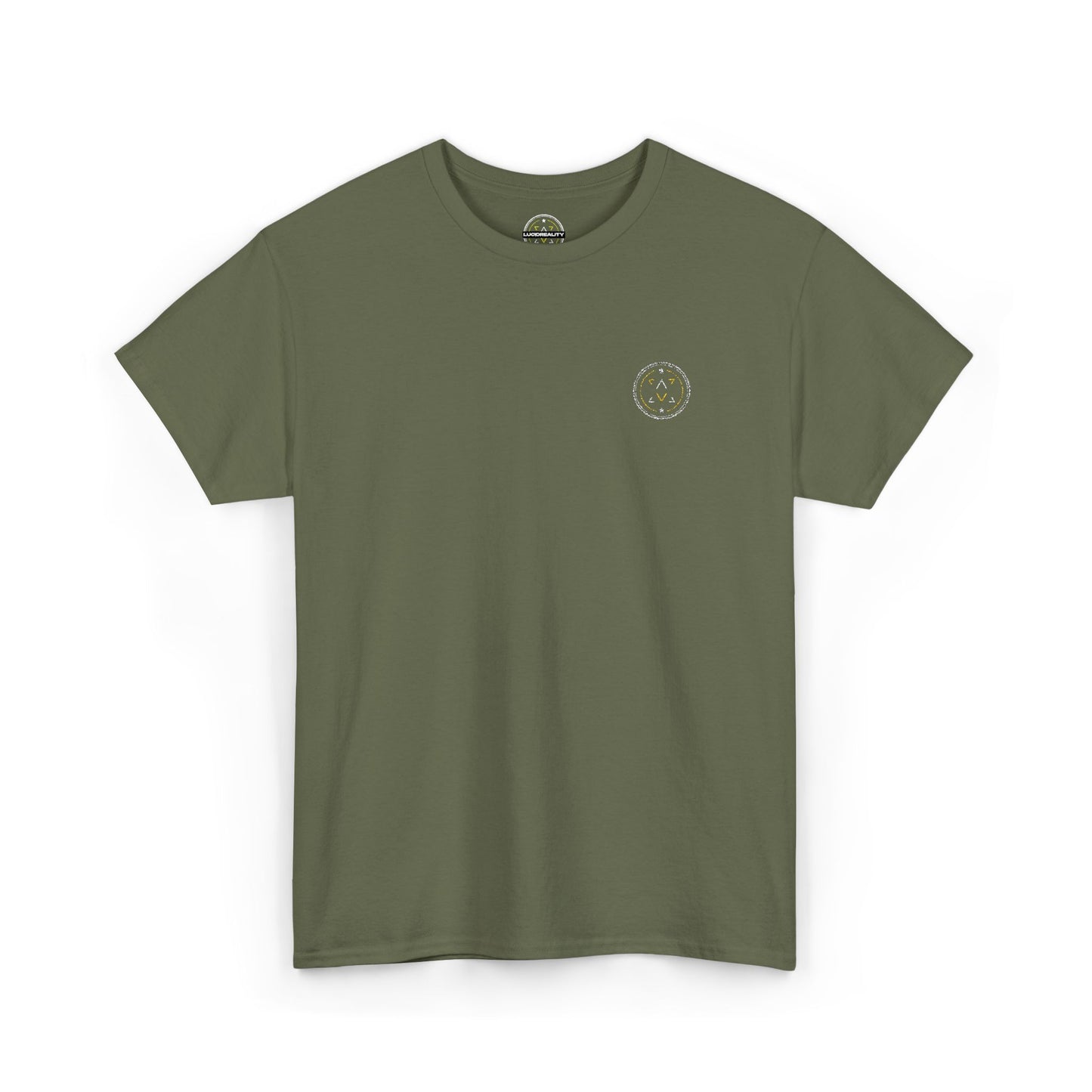 Front product mockup of the Lucid Reality Minimalist Embroidered Logo Tee – White & Gold