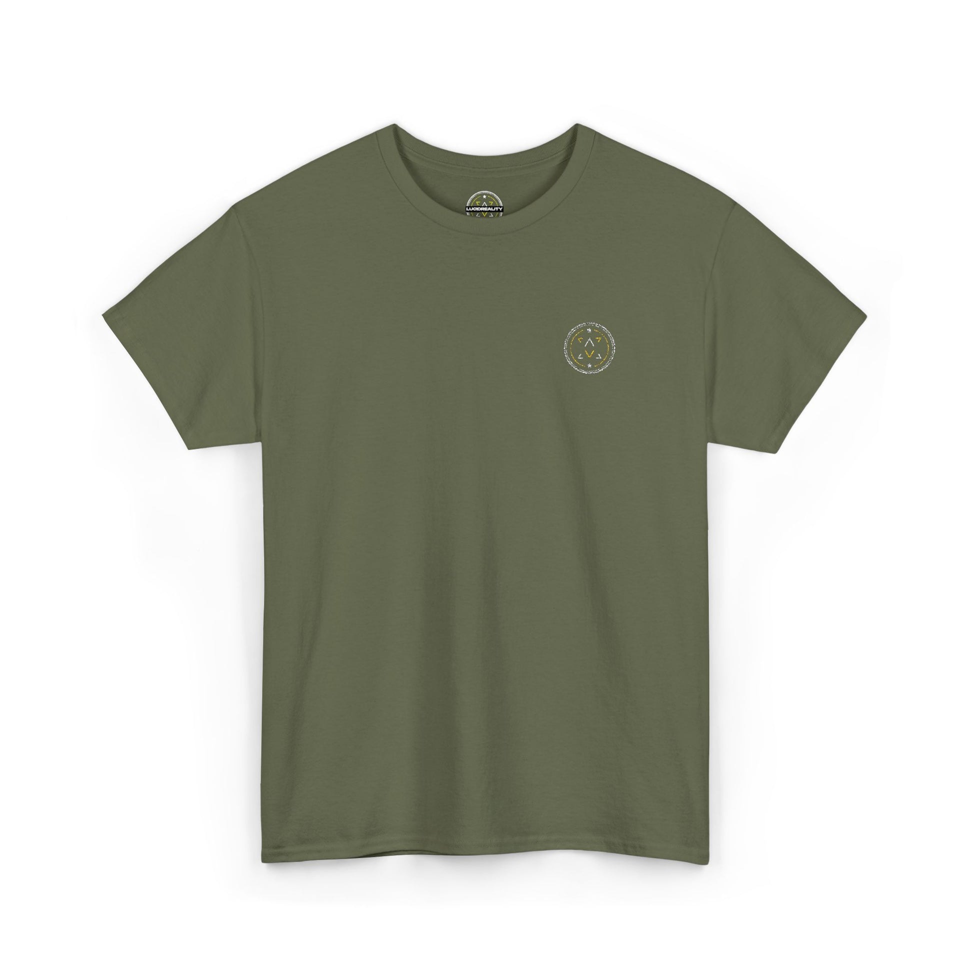 Front product mockup of the Lucid Reality Minimalist Embroidered Logo Tee – White & Gold