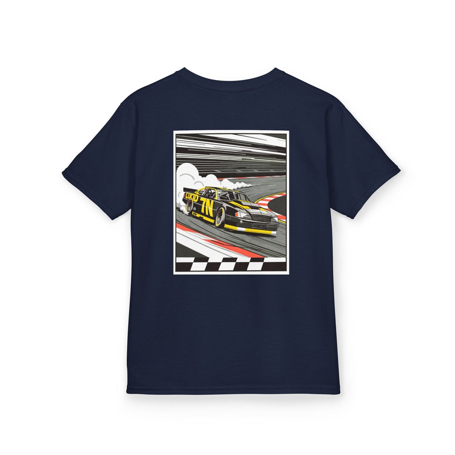 Navy Pro Stock Racing Kids Tee, back Pro Stock car graphic, flat lay