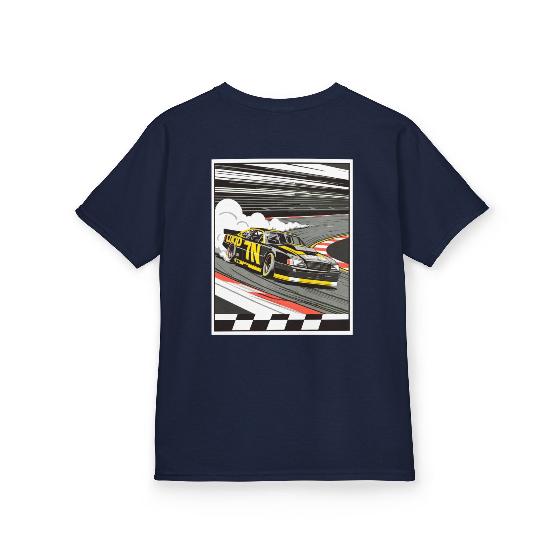 Navy Pro Stock Racing Kids Tee, back Pro Stock car graphic, flat lay