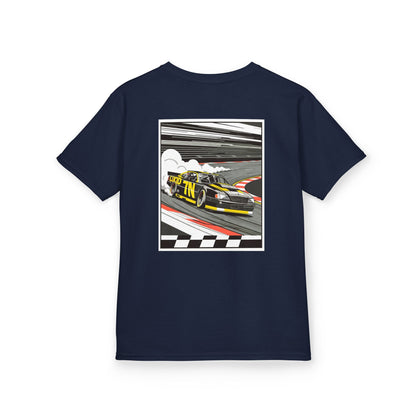 Navy Pro Stock Racing Kids Tee, back Pro Stock car graphic, flat lay