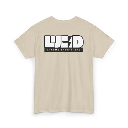 Back view of the sand Lightning Bolt Tee featuring the white LUCID design with lightning bolt detail.