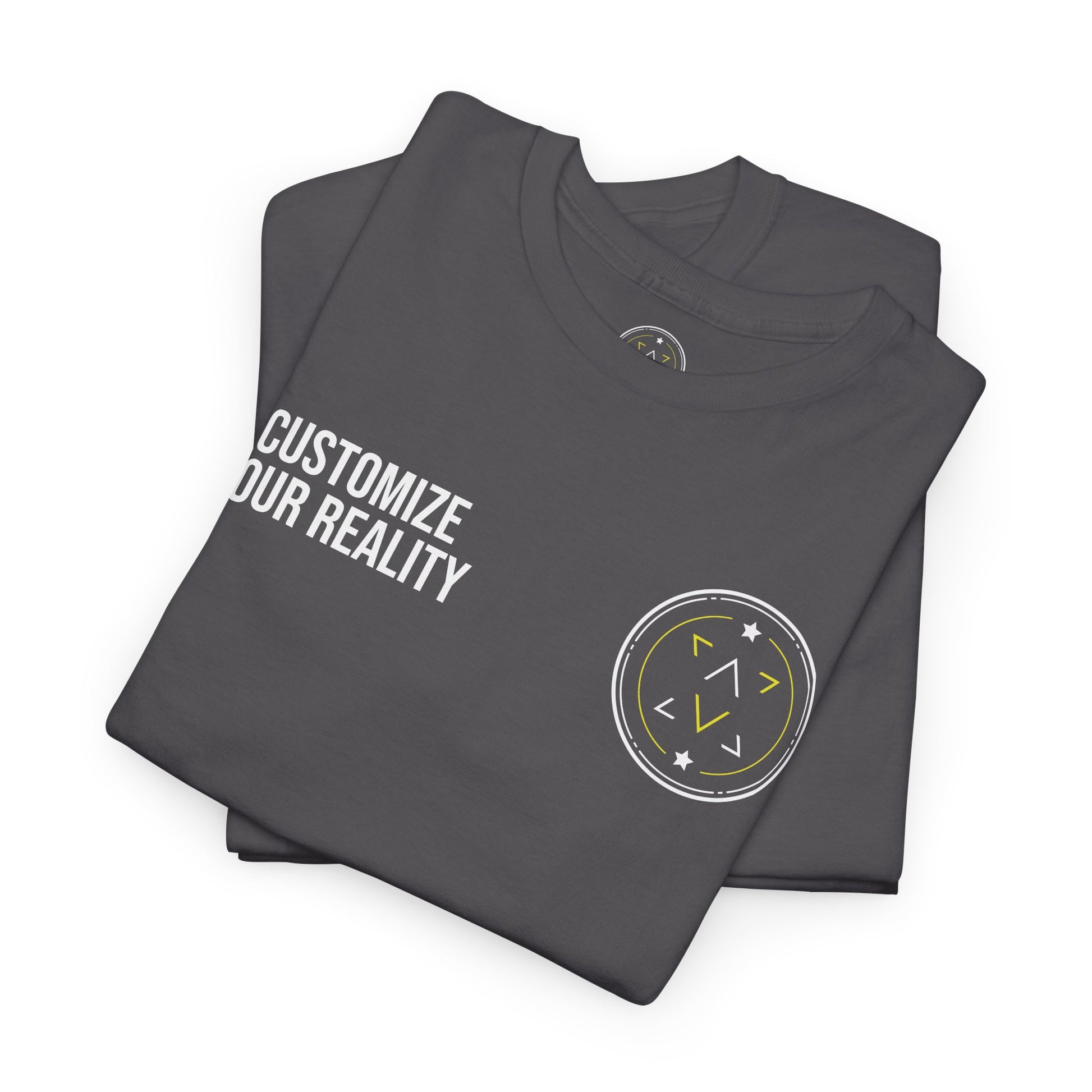 Charcoal custom Lucid Reality tee, folded, front emblem detail