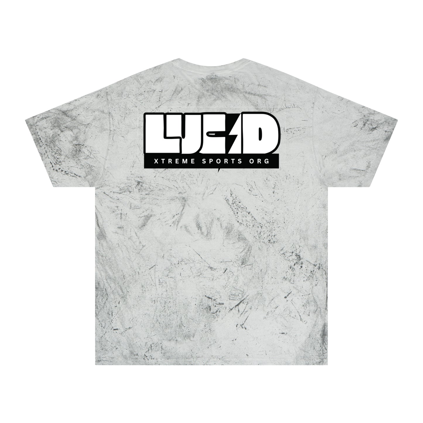 Smoke Color Blast tee, marbled grey, block LUCID logo back graphic, flat