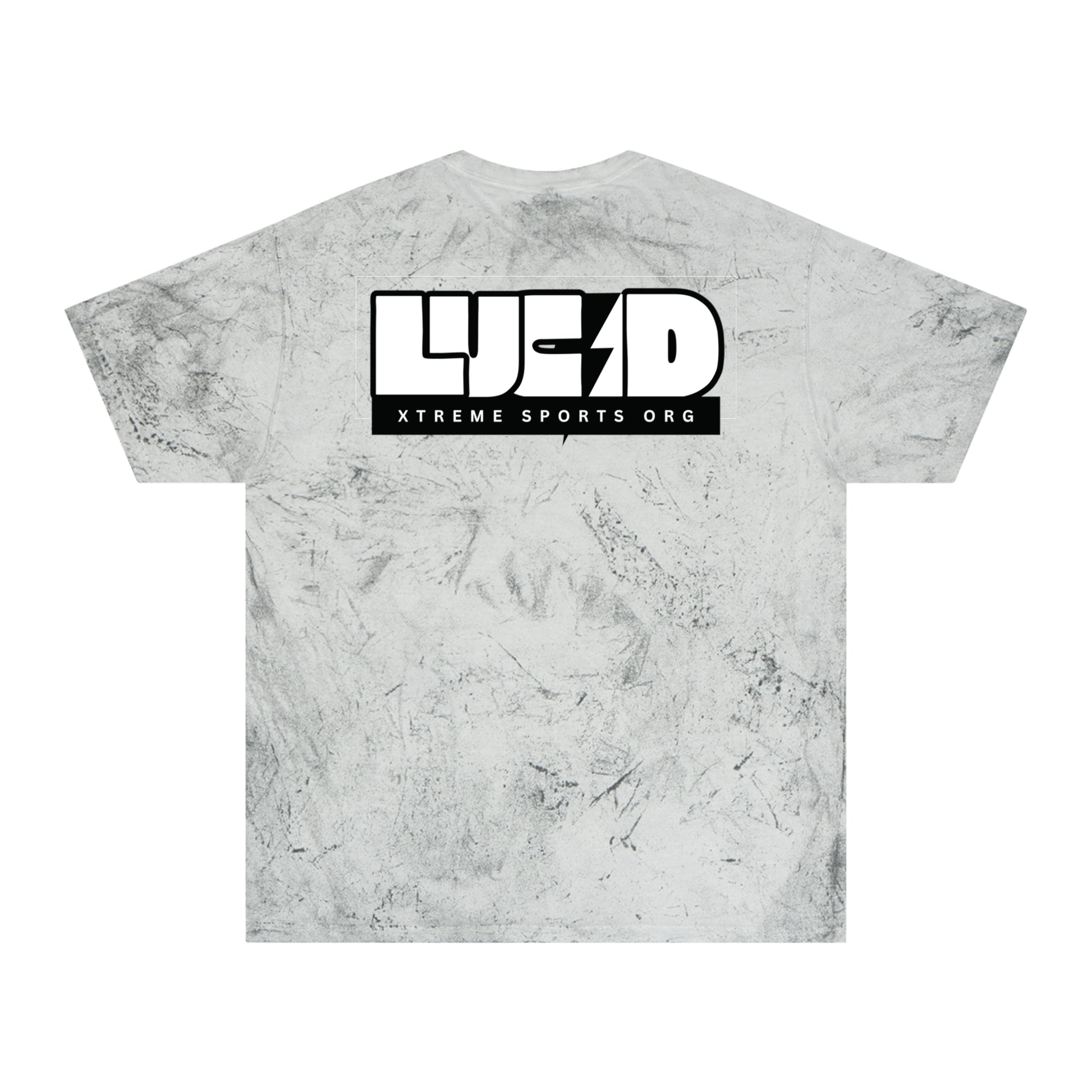 Smoke Color Blast tee, marbled grey, block LUCID logo back graphic, flat