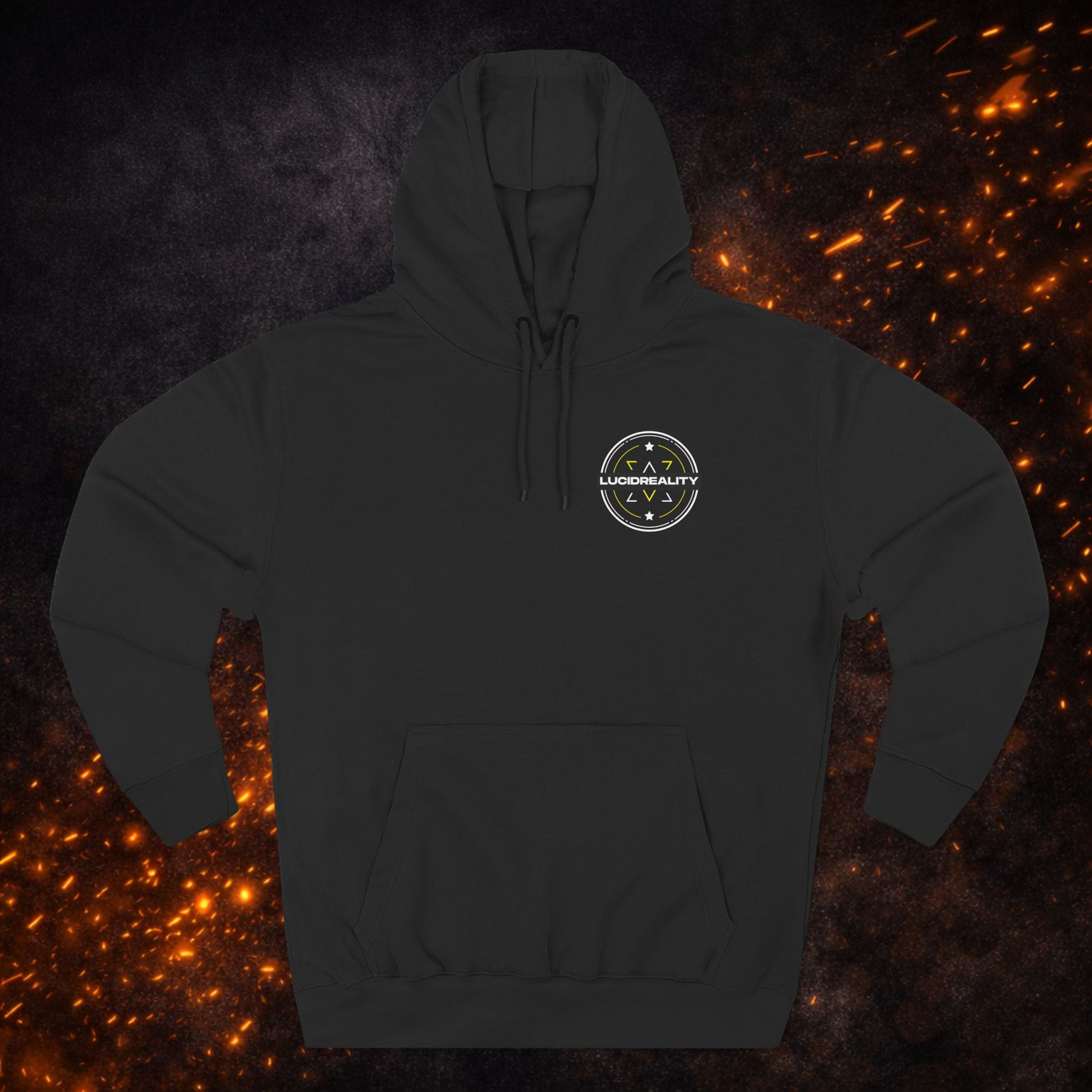 Front view of the black Lucid Reality Fleece Pullover Hoodie with small circular logo on the chest.