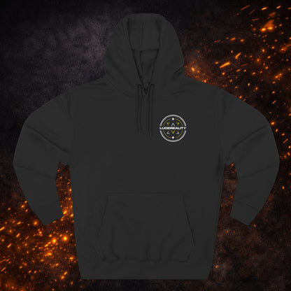 Front view of the black Lucid Reality Fleece Pullover Hoodie with small circular logo on the chest.