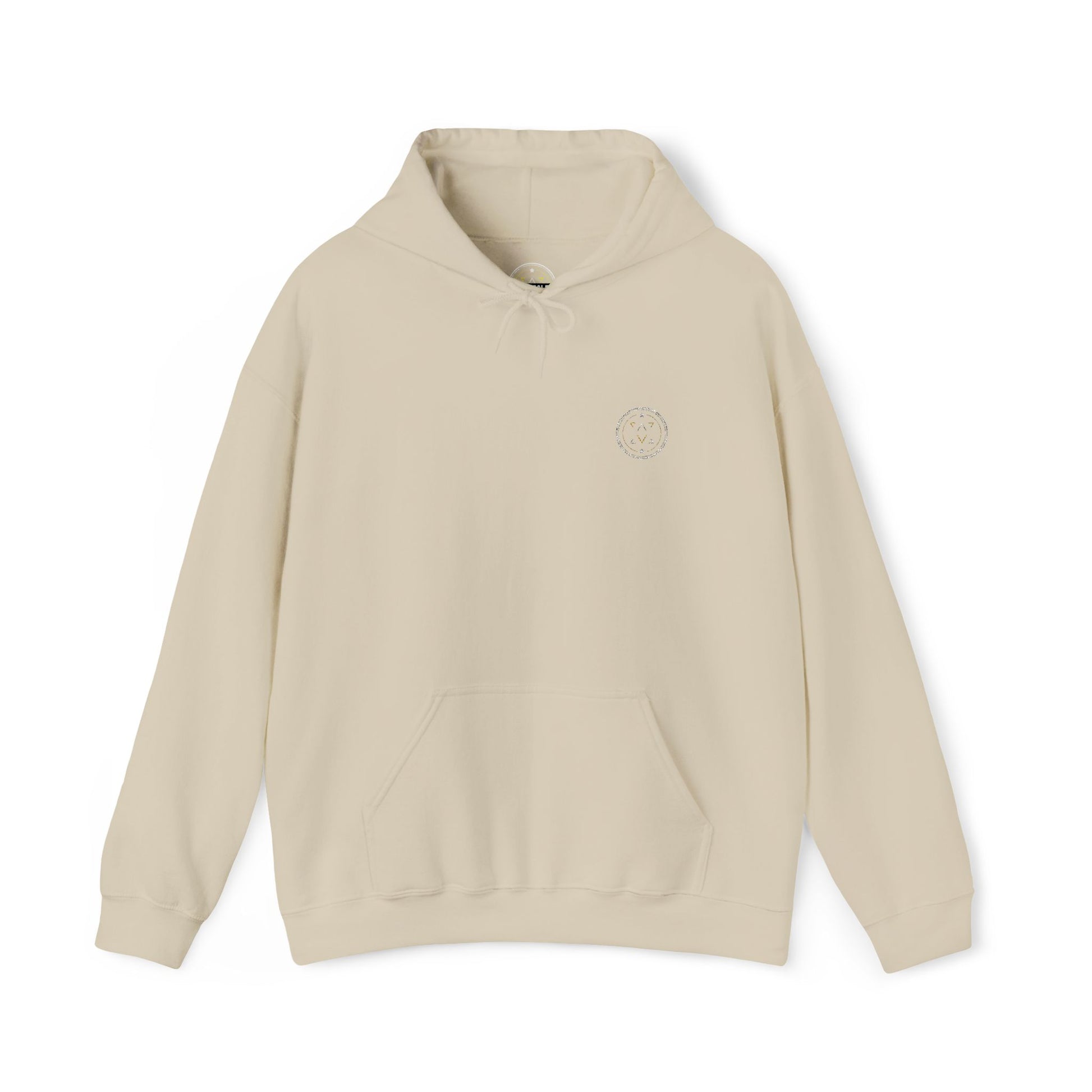 Front product mockup of the Lucid Reality Minimalist Embroidered Logo Hoodie – White & Gold