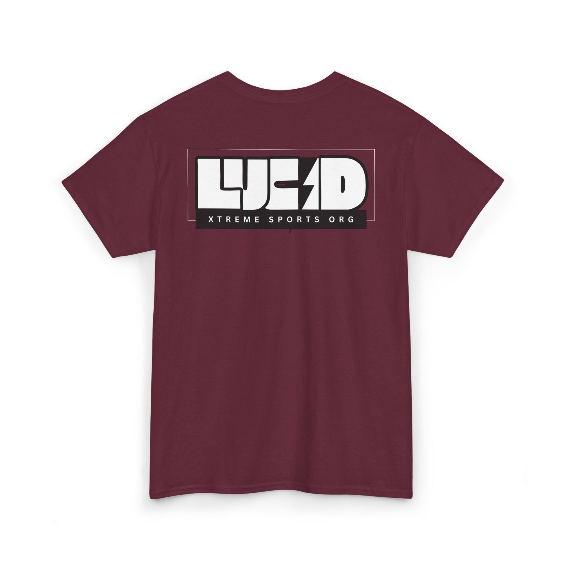 Back view of the maroon Lightning Bolt Tee featuring the white LUCID design with lightning bolt detail.