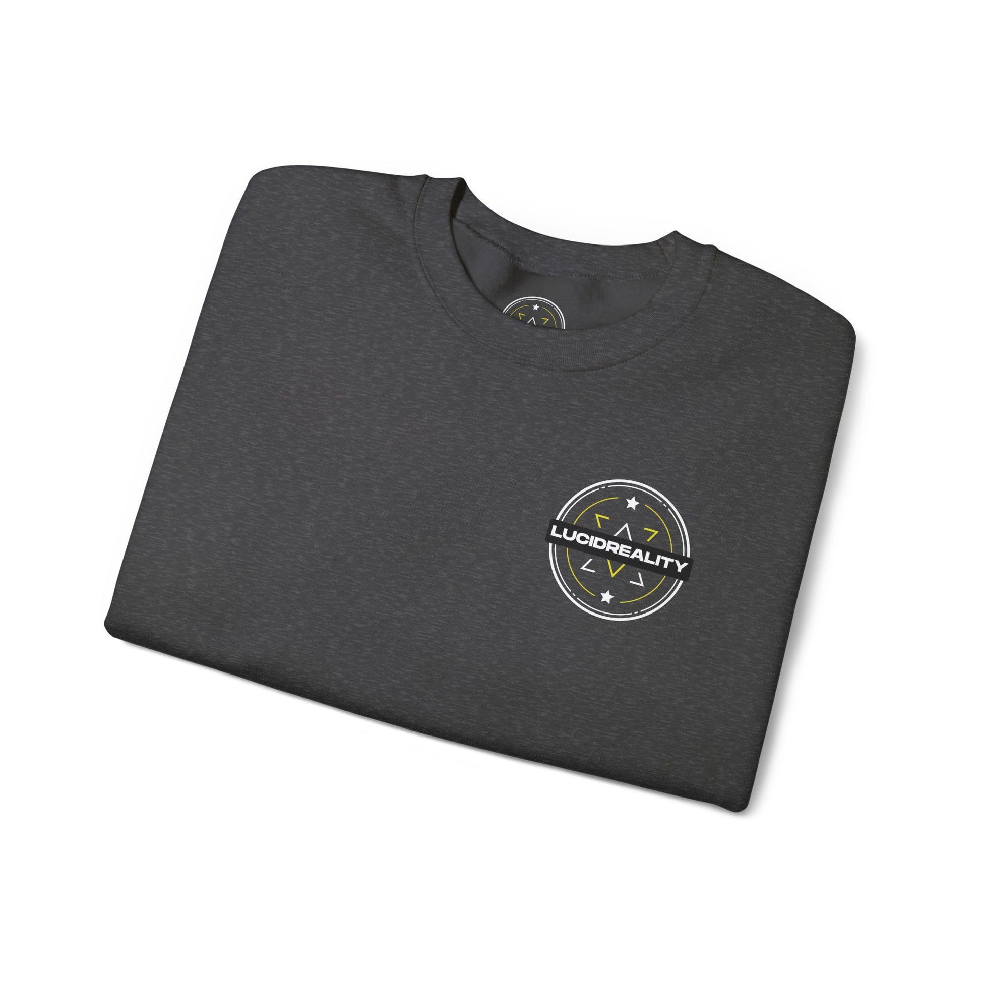 Dark Heather Logo Crewneck, folded with Lucid Reality logo, flat lay