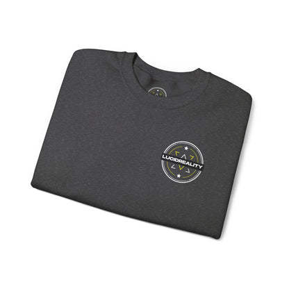 Dark Heather Logo Crewneck, folded with Lucid Reality logo, flat lay