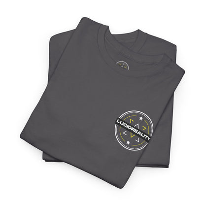 Charcoal Logo Tee, folded with Lucid Reality logo, flat lay