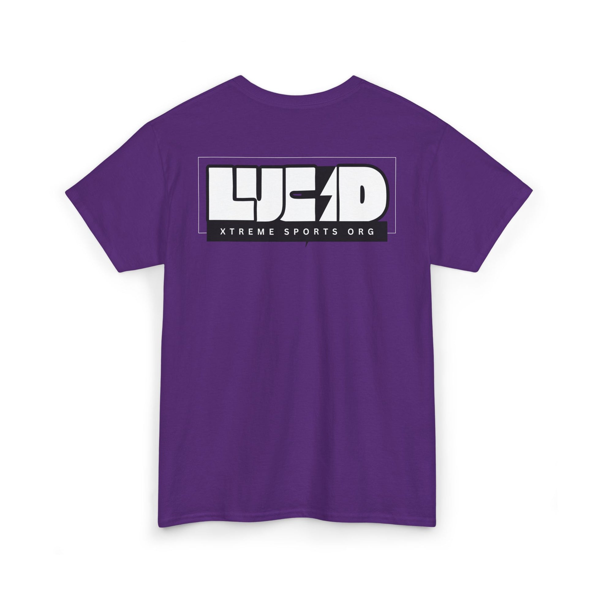 Purple Lucid Reality tee, block LUCID logo back graphic, flat