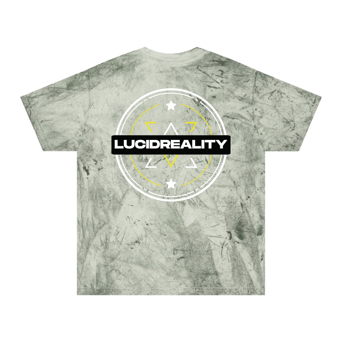 Fern Color Blast tee, marbled green, circular emblem back graphic, flat