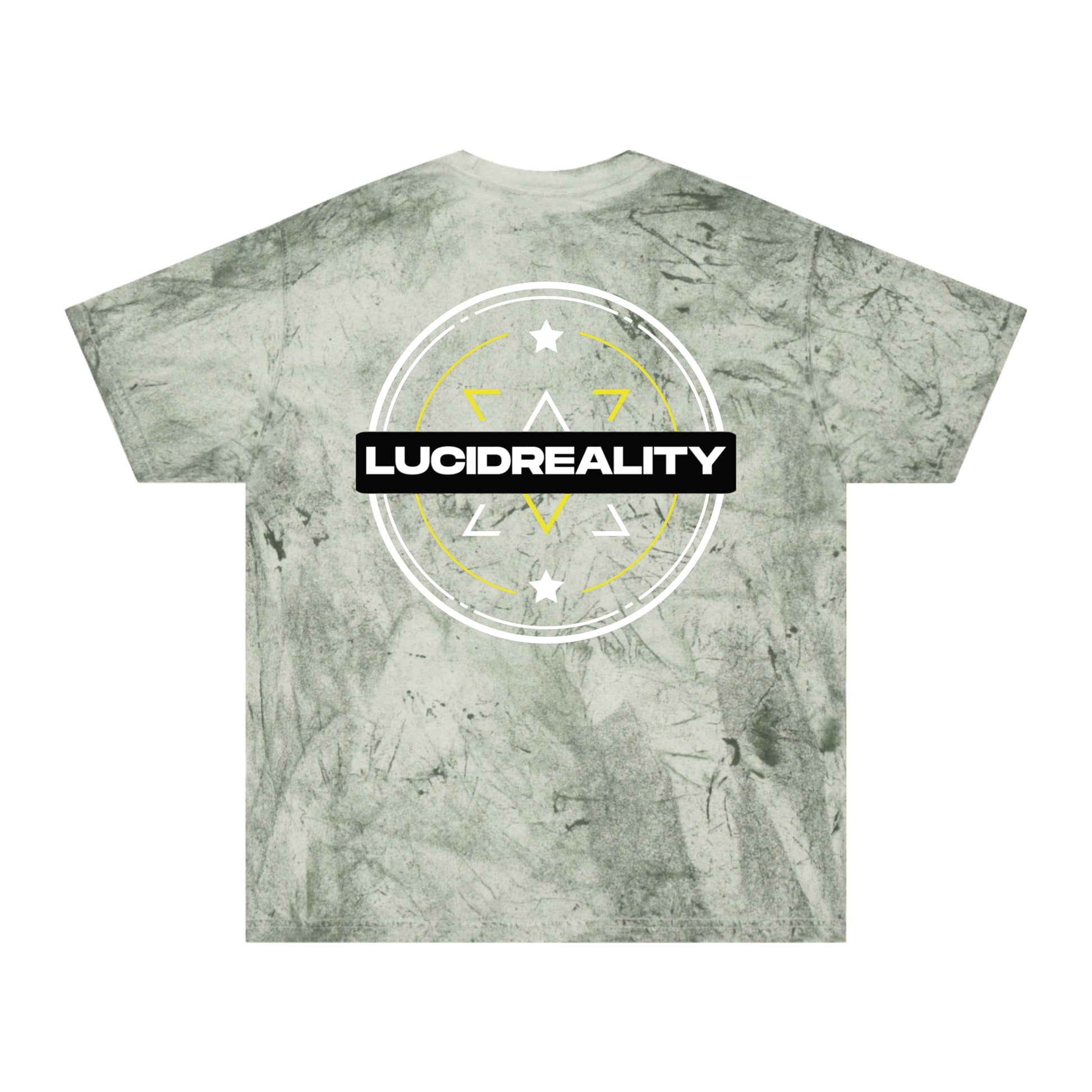 Fern Color Blast tee, marbled green, circular emblem back graphic, flat