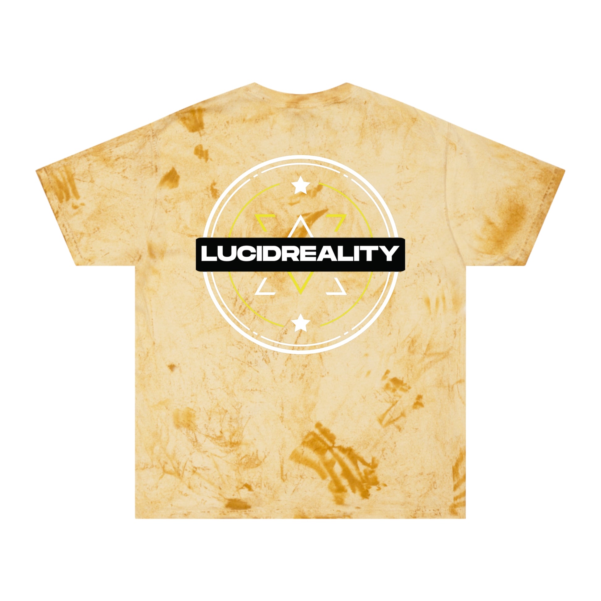 Citrine Color Blast tee, marbled yellow, circular emblem back graphic, flat
