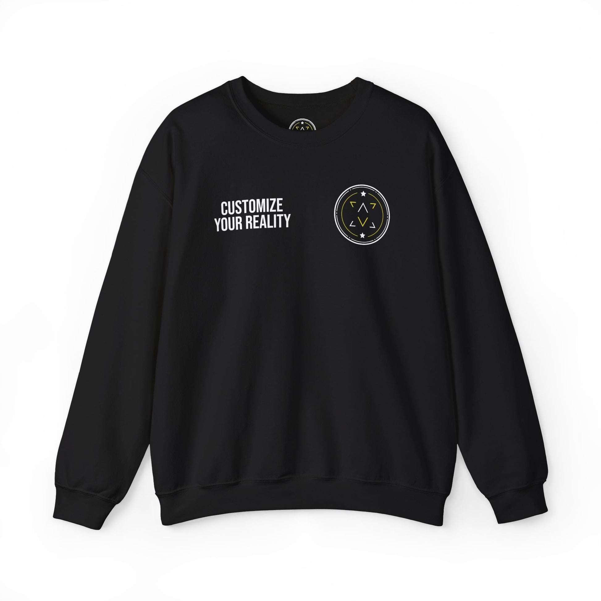 Black custom Lucid Reality crewneck, front emblem with personalization zone, flat