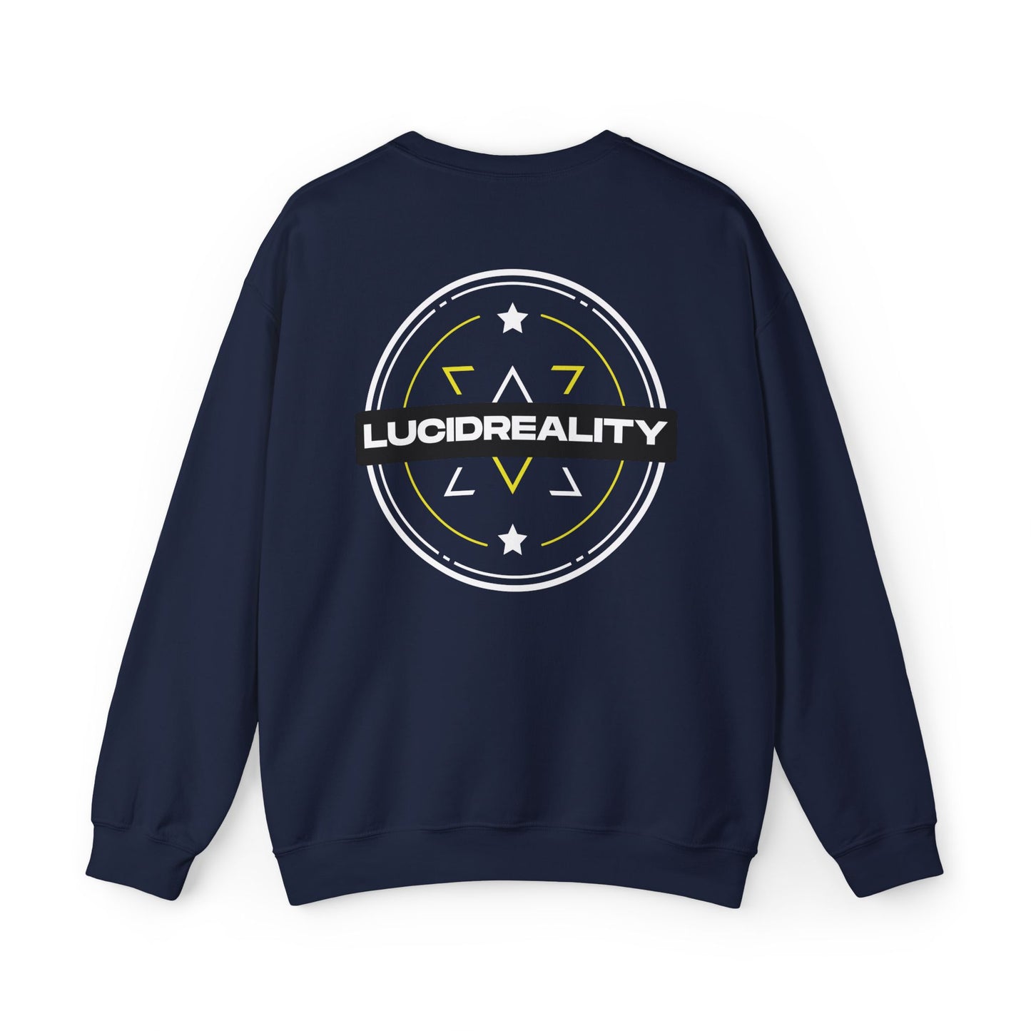 Navy Lucid Reality crewneck, circular emblem back graphic, flat