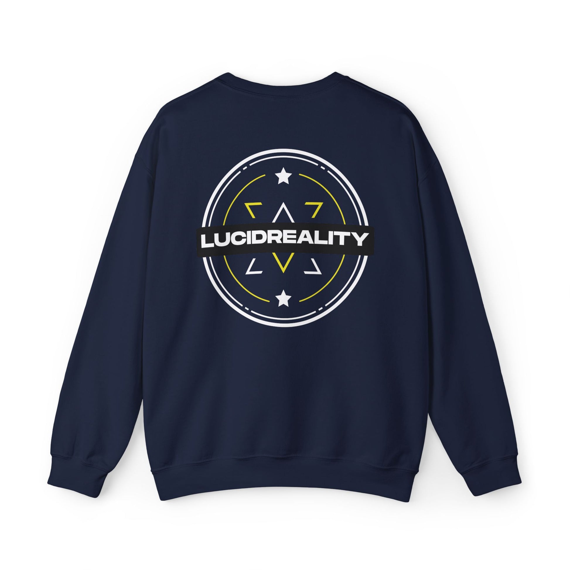 Navy Lucid Reality crewneck, circular emblem back graphic, flat