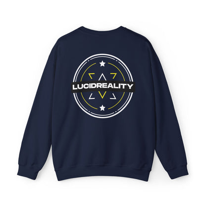 Navy Lucid Reality crewneck, circular emblem back graphic, flat