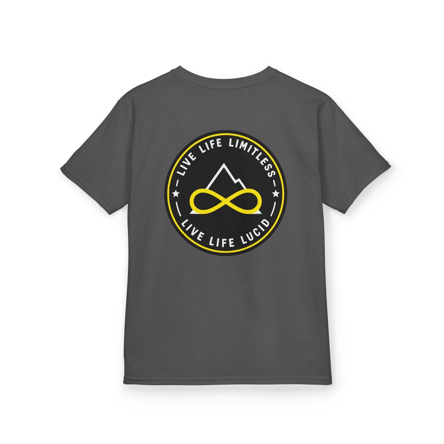 Charcoal Live Life Limitless Badge Kids Tee, back badge graphic, flat lay