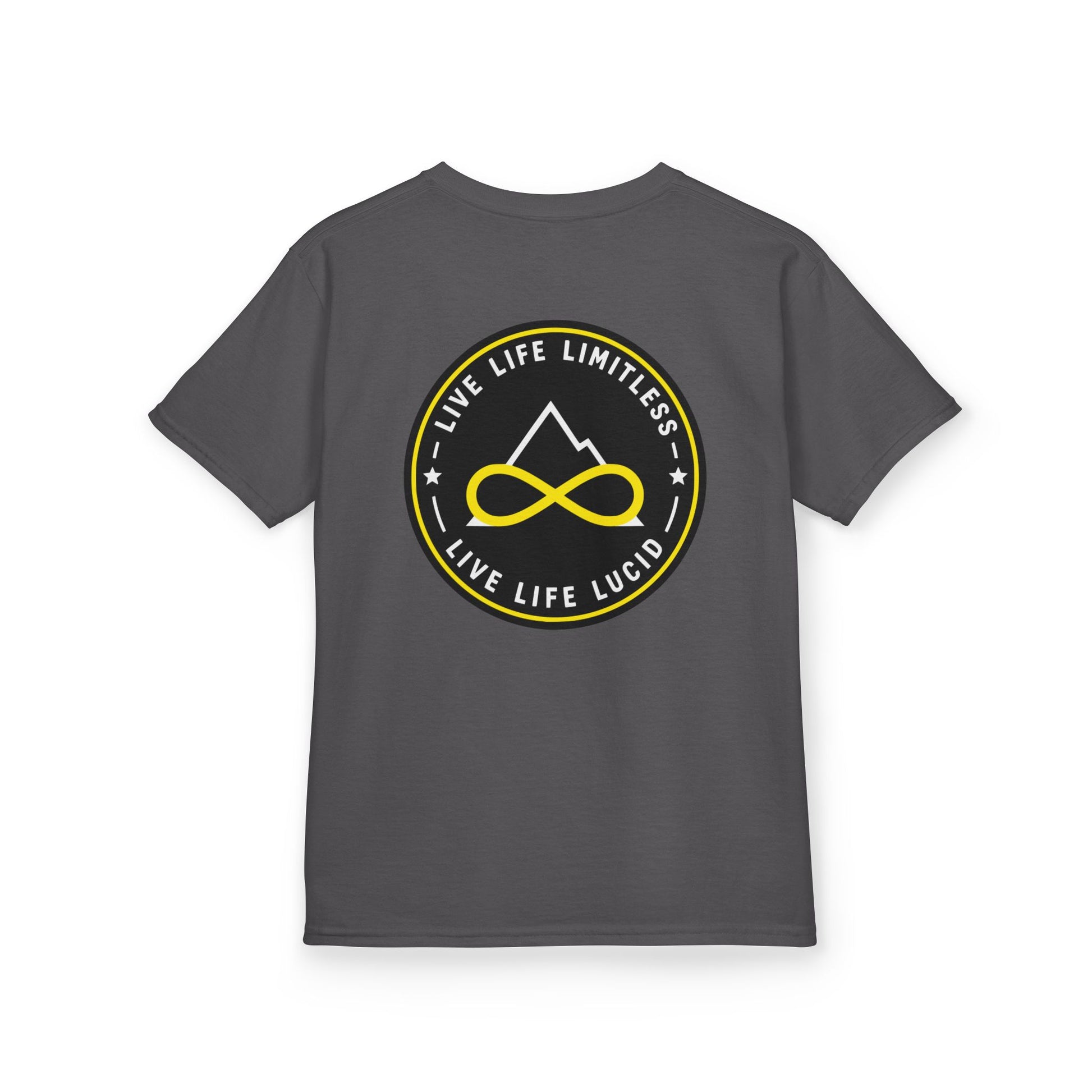Charcoal Live Life Limitless Badge Kids Tee, back badge graphic, flat lay