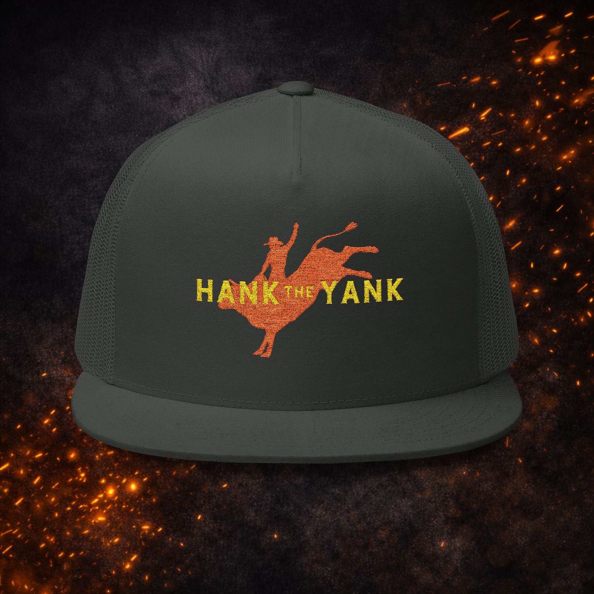 Lucid Reality x Hank The Yank Longhorn Trucker Cap in all black, showing the red longhorn bull rider graphic on the front.