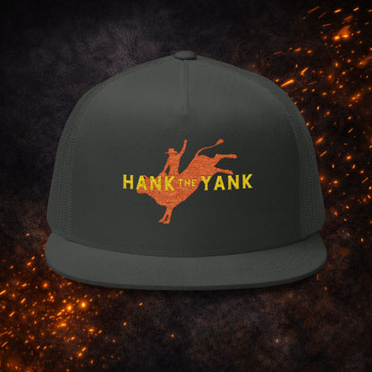 Lucid Reality x Hank The Yank Longhorn Trucker Cap in all black, showing the red longhorn bull rider graphic on the front.