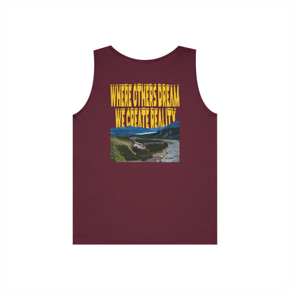 Maroon Where Others Dream tank, WHERE OTHERS DREAM WE CREATE REALITY back graphic, flat lay