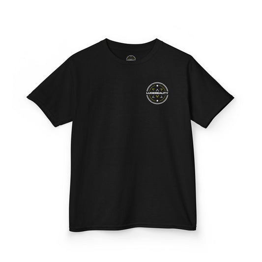 Black Emblem Kids Tee, front circular emblem, flat lay