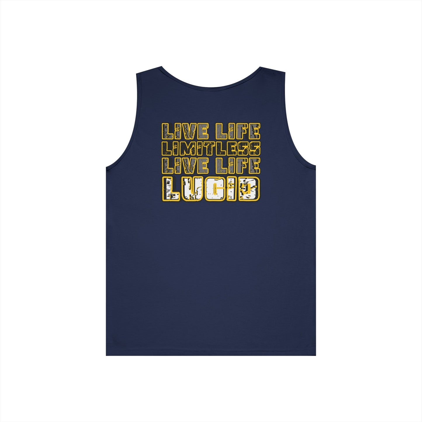 Navy Live Life Limitless tank, LIVE LIFE LIMITLESS LIVE LIFE LUCID back graphic, flat lay