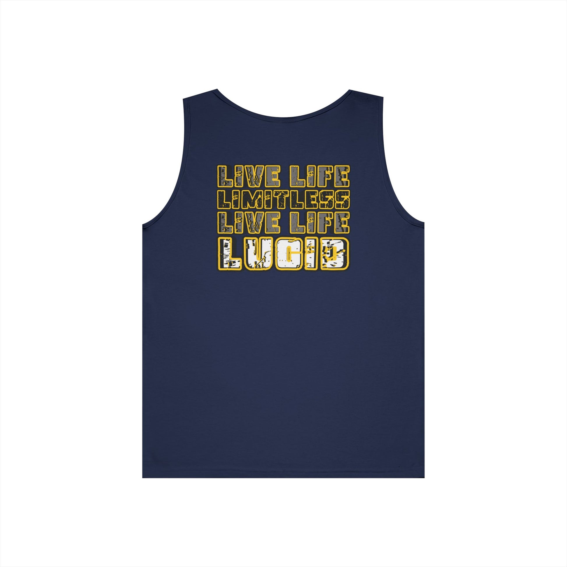Navy Live Life Limitless tank, LIVE LIFE LIMITLESS LIVE LIFE LUCID back graphic, flat lay
