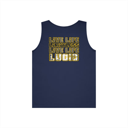Navy Live Life Limitless tank, LIVE LIFE LIMITLESS LIVE LIFE LUCID back graphic, flat lay