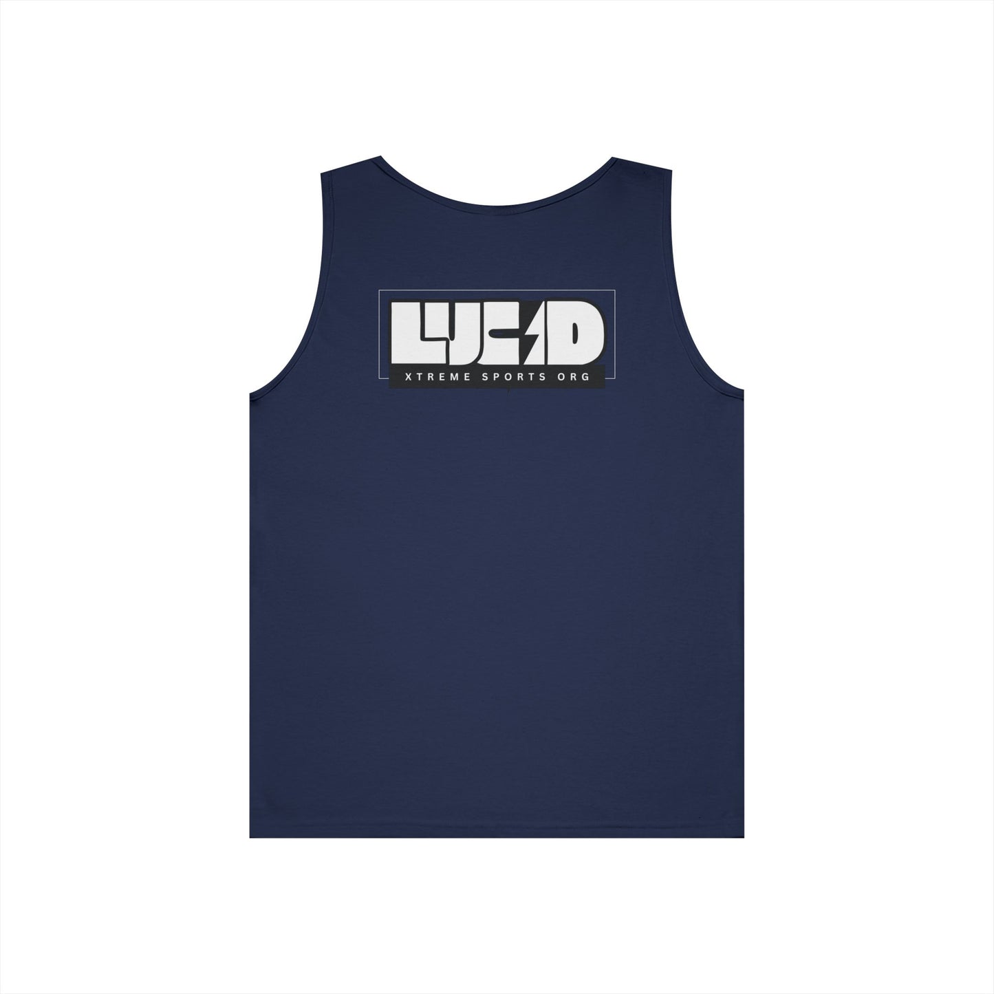 Navy Lucid Block Logo tank, block LUCID logo with lightning bolt back graphic, flat lay