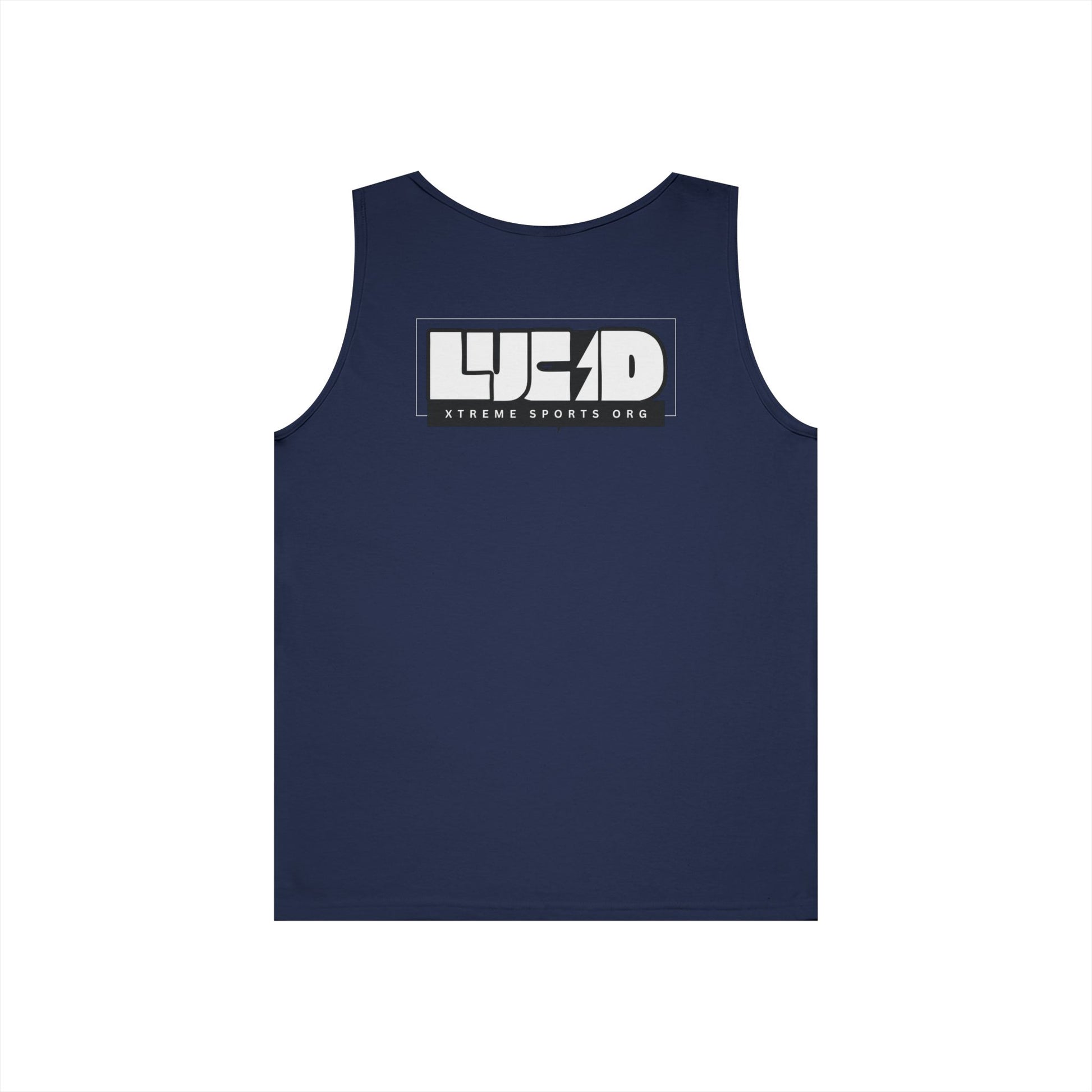 Navy Lucid Block Logo tank, block LUCID logo with lightning bolt back graphic, flat lay
