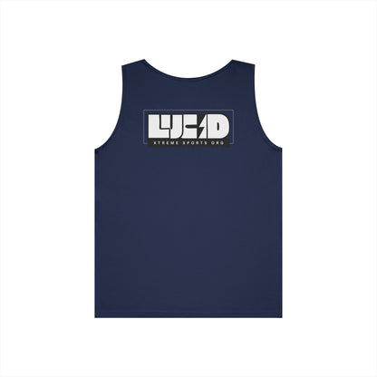 Navy Lucid Block Logo tank, block LUCID logo with lightning bolt back graphic, flat lay