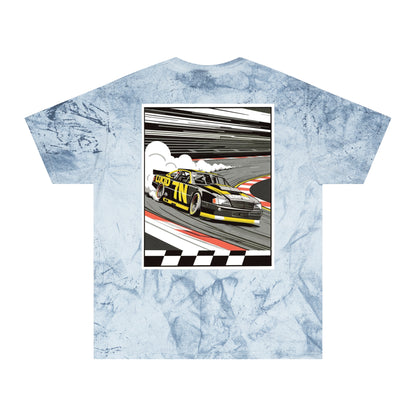 Clay Color Blast tee, marbled rust, back Pro Stock car graphic, flat