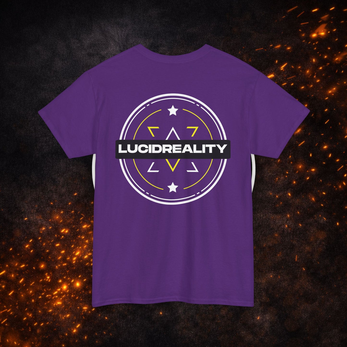 Back view of the purple Logo Tee featuring the "LUCID REALITY" circular shield graphic.