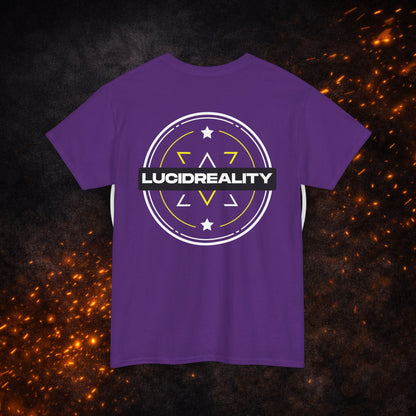 Back view of the purple Logo Tee featuring the "LUCID REALITY" circular shield graphic.