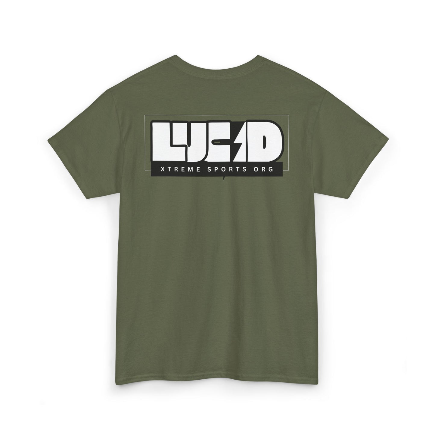 Back view of the military green Lightning Bolt Tee featuring the white LUCID design with lightning bolt detail.