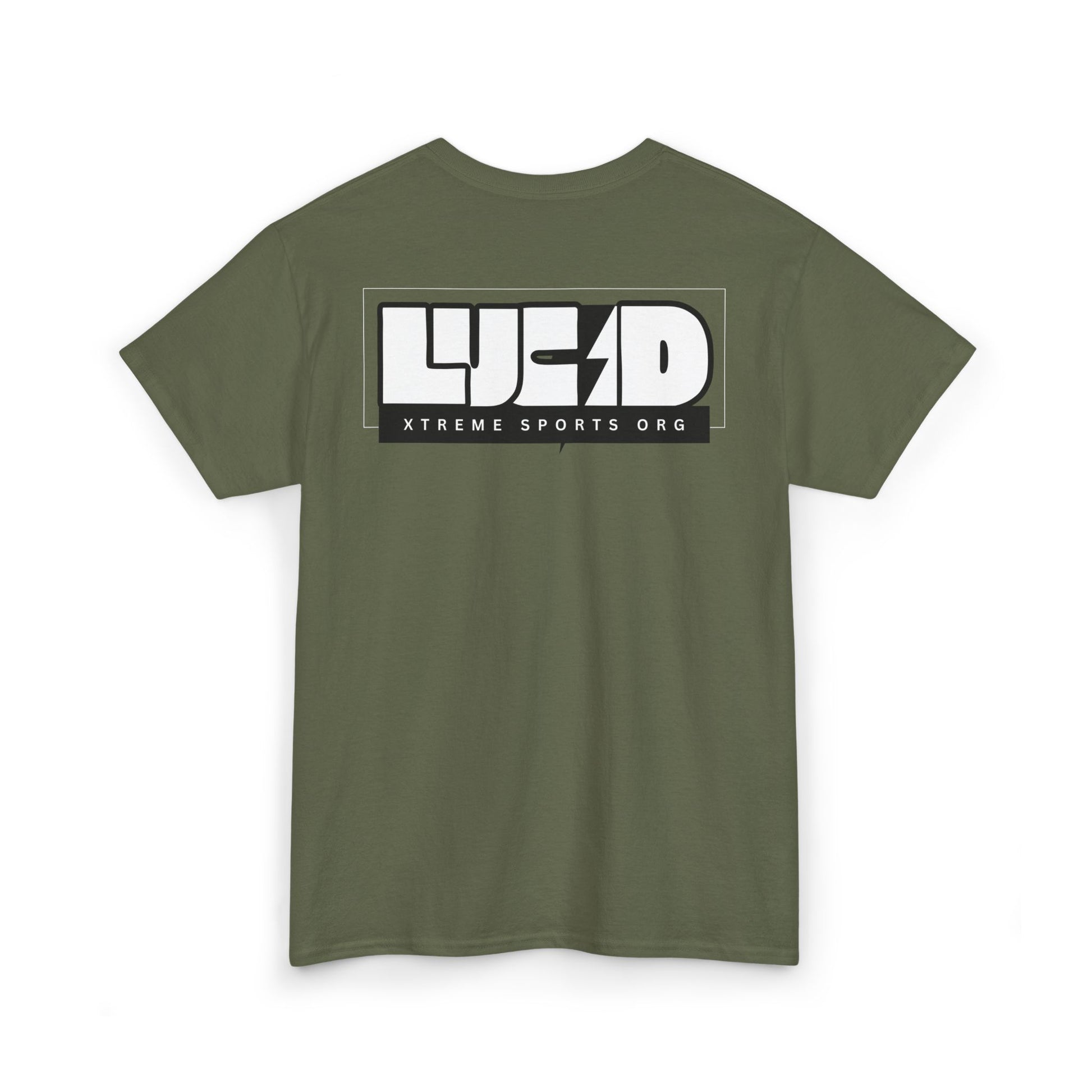 Back view of the military green Lightning Bolt Tee featuring the white LUCID design with lightning bolt detail.