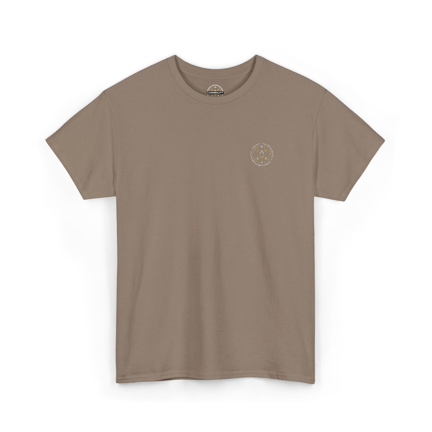 Front product mockup of the Lucid Reality Minimalist Embroidered Logo Tee – White & Gold