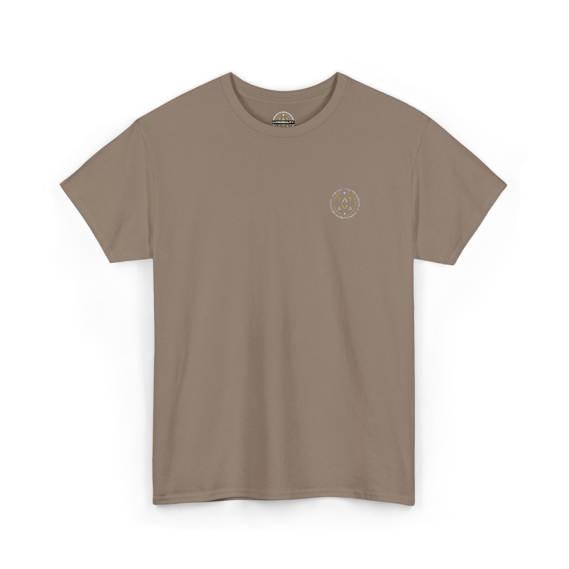 Front product mockup of the Lucid Reality Minimalist Embroidered Logo Tee – White & Gold