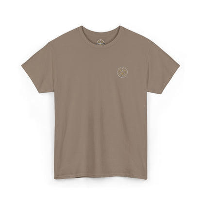 Front product mockup of the Lucid Reality Minimalist Embroidered Logo Tee – White & Gold
