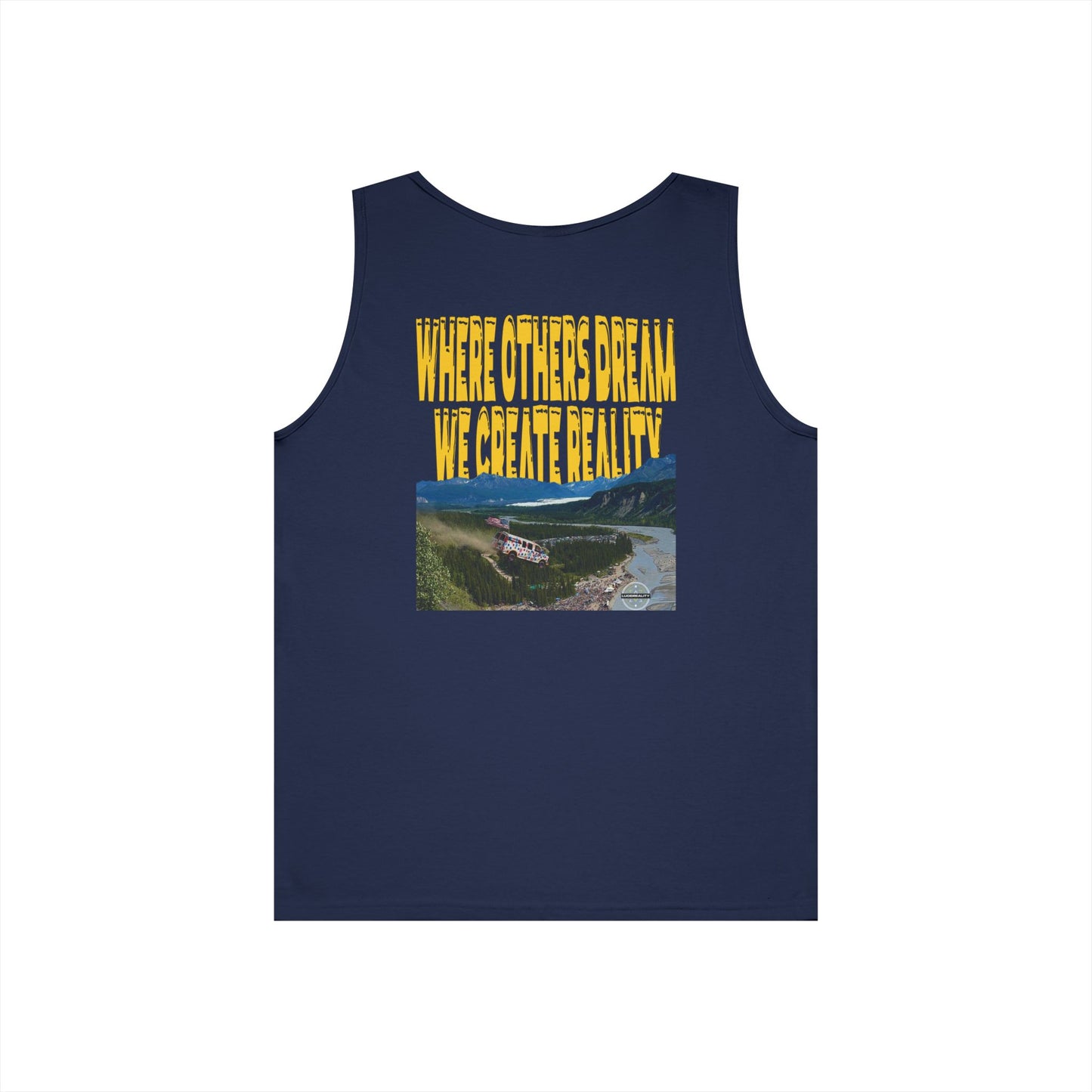 Navy Where Others Dream tank, WHERE OTHERS DREAM WE CREATE REALITY back graphic, flat lay